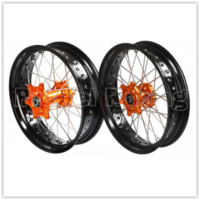 3.50x17&quot; 4.25x17&quot; Supermoto Alloy Wheels για SX SXF EXC 125-530 Μαύρες πλάκες και πορτοκαλί κόμβους
