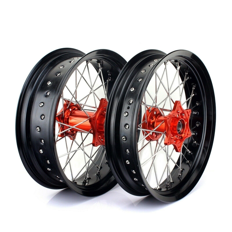 3.50x17&quot; 4.25x17&quot; Supermoto Alloy Wheels για SX SXF EXC 125-530 Μαύρες πλάκες και πορτοκαλί κόμβους